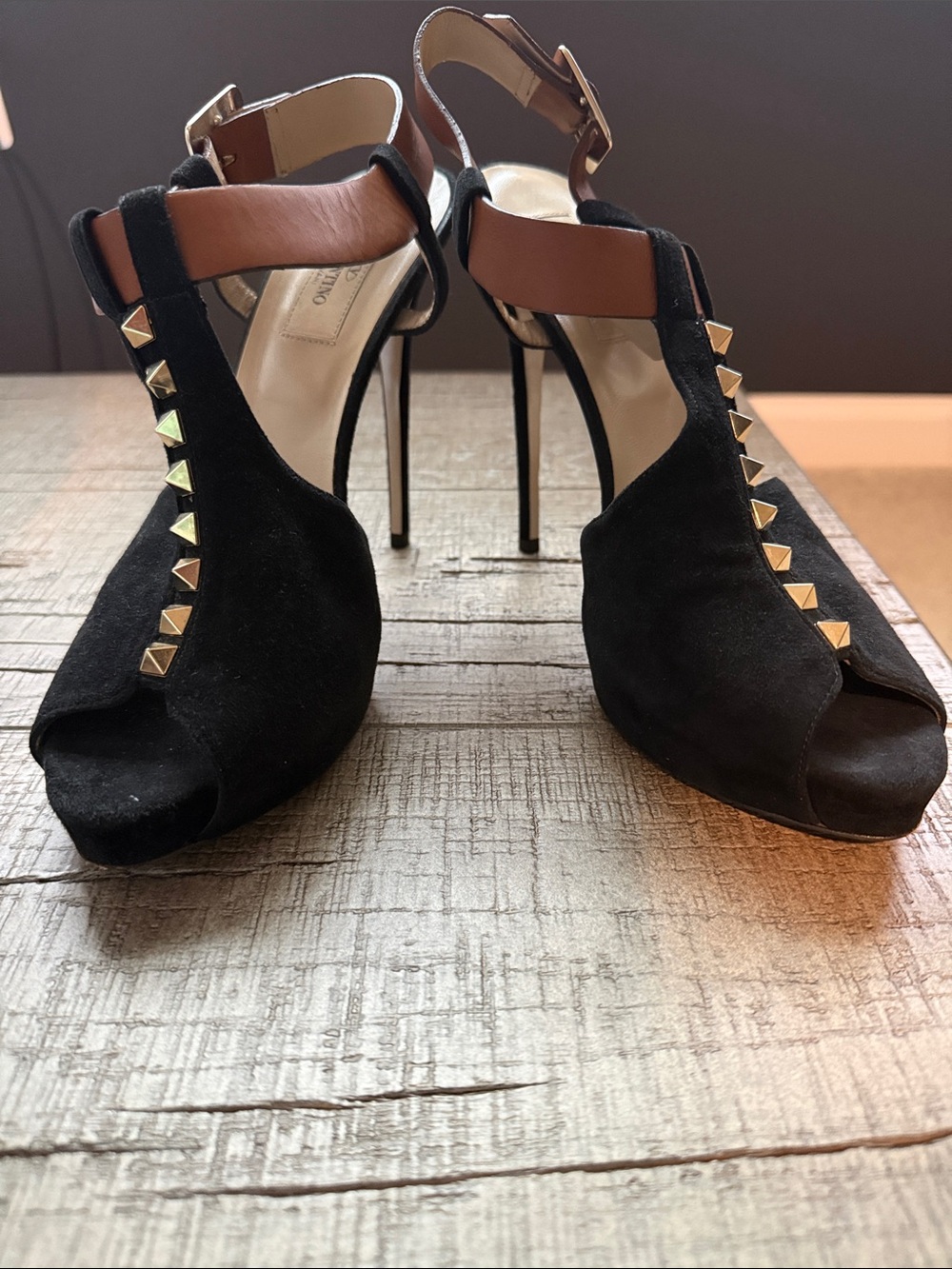Valentino Black Suede Peep-Toe Studded High Heel Sandals - Designer